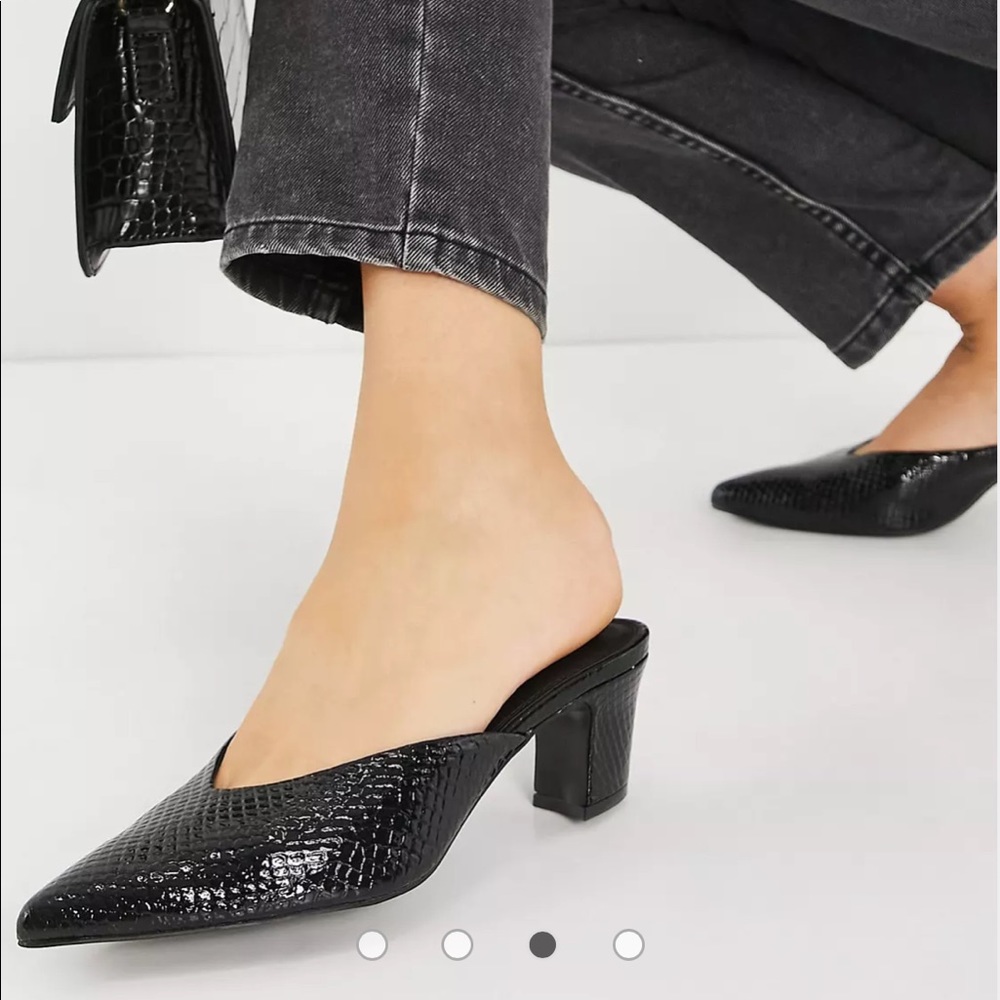 ASOS black patent snake wide fit pointed toe mid heeled mules size 4